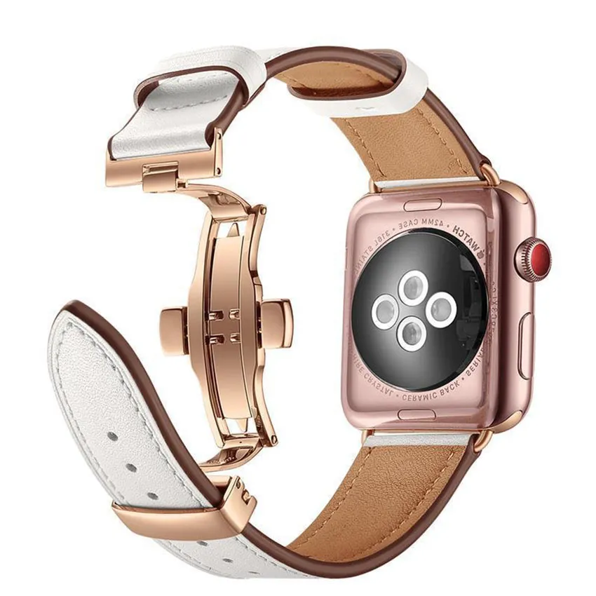 Armband Butterfly Spänne Smart Strap Bälte Äkta läder ögla band för Apple Watch band 38mm 42mm 41mm 45mm 40mm 44mm iWatch Series 8 7 6 SE 5 4 3 2