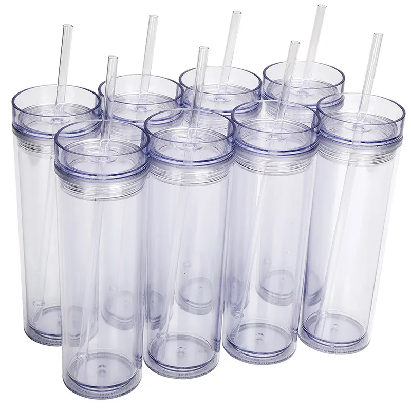 USA Local Warehouse 16oz Doppelwand klarer Acryl -Tumbler mit Deckel und Stroh 480 ml gerade dünner Plastikbecher für Schneekugel BPA Free Trinkgetränk Wasserflasche