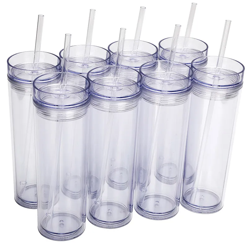 Skinny Tumblers 12 Clear Acrylic Tumblers with Lids and Straws