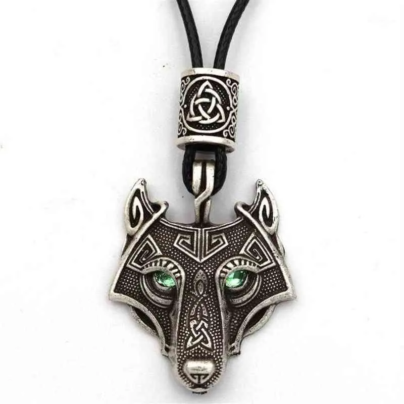 Eyes Green Wolf Pendant Vegvisir Valknut Runes Bead Viking Jewelry Necklace Men Pagan Amulet Talisman Drop12078