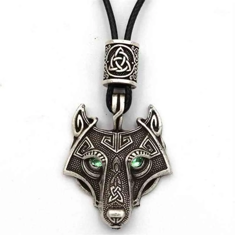 Augen grüner Wolf Anhänger Vegvisir Valknut Runen Perle Wikinger Schmuck Halskette Männer heidnisches Amulett Talisman Drop12078