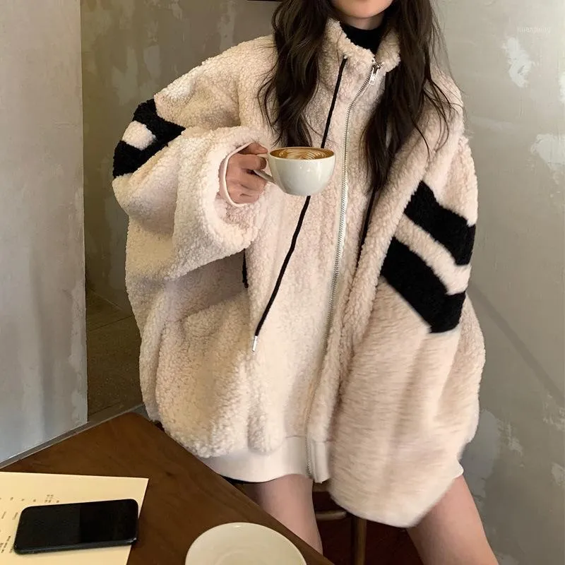 여성용 후드 스웨터 겨울 패션 따뜻한 캐시미어 두꺼운 겉옷 느슨한 스탠드 칼라 양고기 양모 코트 한국어 버전 Streetwear SW