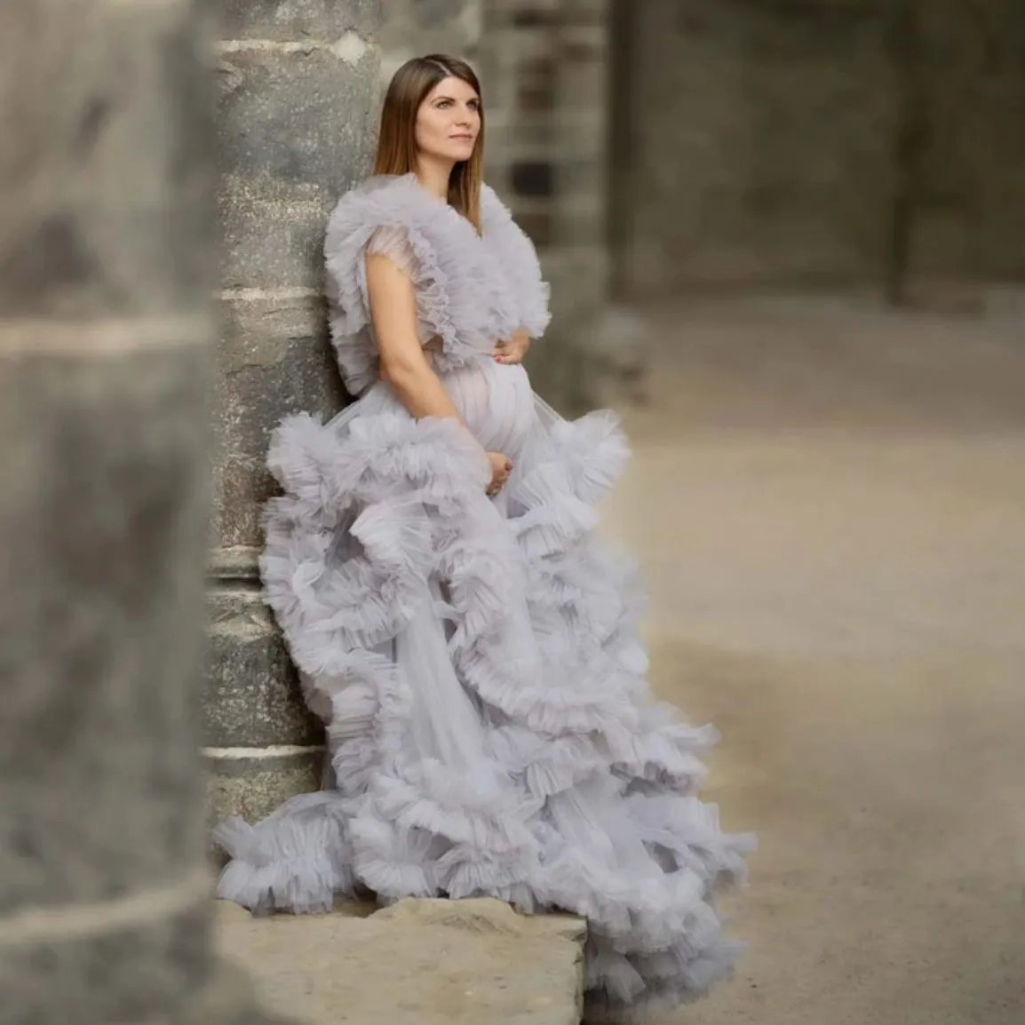 grey maternity dress for photoshoot Kate Grey Long Sleeve Satin Custom Maternity Photoshoot Gowns
