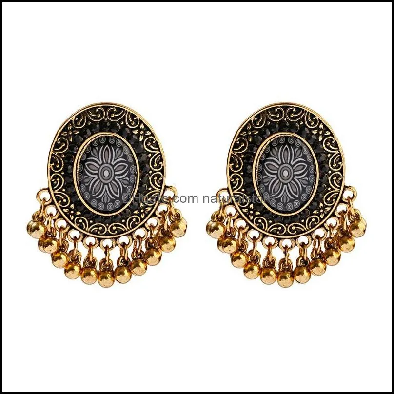 Ethnic Black Flower Dangle Earrings Turkey Bijoux Vintage Bohemia Tassel Earrings Boho Gold Alloy Tribe Indian Jewelry