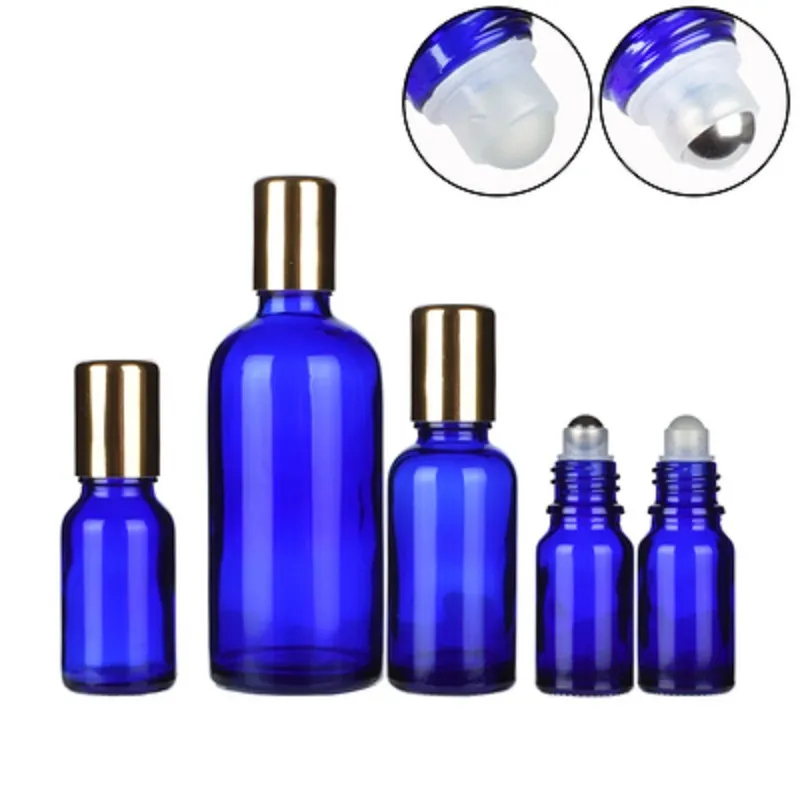 Boş Ambalaj Cam Mavi Şişe Alüminyum Parlak Altın Vida Kapak Uçucu Yağ Şişeleri Taşınabilir Doldurulabilir Kozmetik Ambalaj Konteyner 5 ml 10ml 15ml 20ml 30ml 50ml 100ml