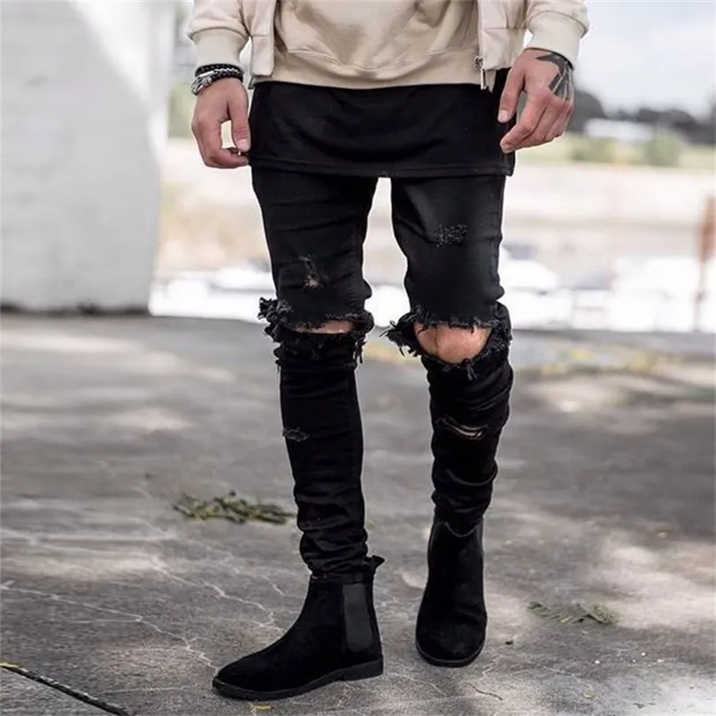 Fashion Spring High Street Casual Hip Hop nödställda denim Streetwear Beggar Man Ripped Hole Biker Jeans Male 201128