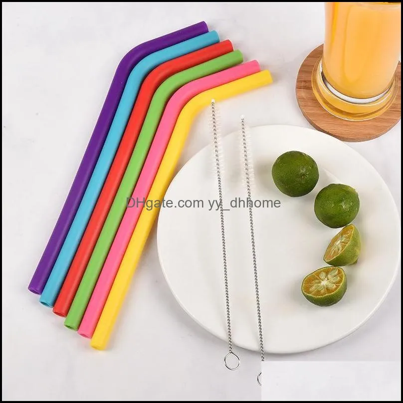 6pcs+2brush/set 23CM Candy Colors Silicone Straw Reusable Folded Bent Straight Straw Home Bar Accessory Silicone Tube RRA12698