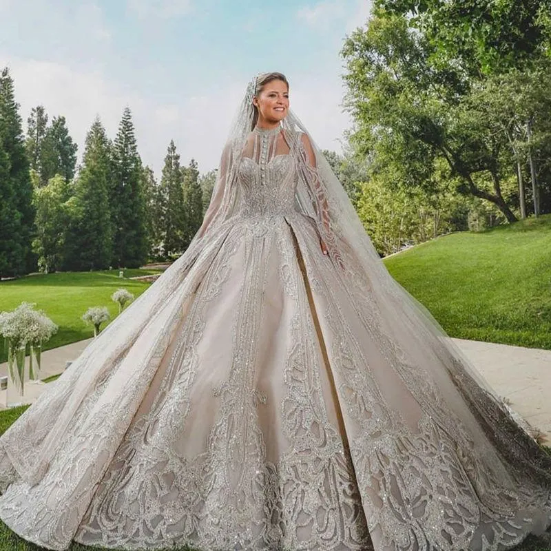 Luxus Brautkleider Dubai Arabisch Stil Brautkleider 2022 Wunderschönes glitzerndes High Neck Illusion Top Ballkleid Hochzeitskleid Robe De Mariee