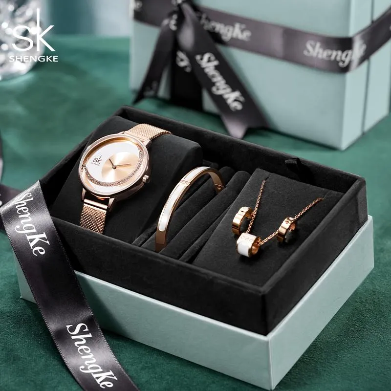 손목 시계 Shengke 시계는 고급 브레이슬릿 귀걸이 목걸이 액세서리 러브를위한 고품질 여성 선물 기념일 기업가 와치를위한 고품질 여성 선물