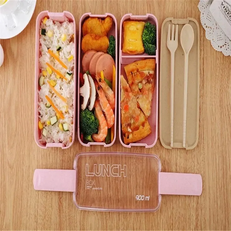 Food Grade Food Container Lunch Box Wheat Straw 3 Layer with spoon and fork containers storage boxes