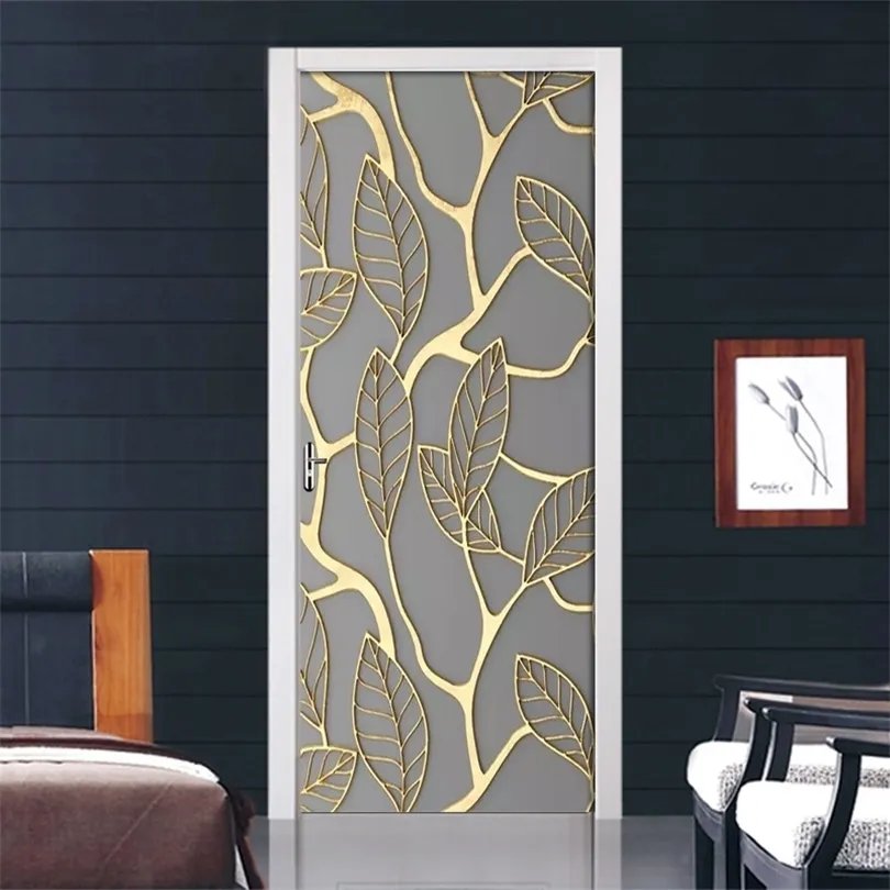 Criativo 3D Dourado Folhas De Porta Adesivo DIY Decoração Decoração Decalque Auto Adesivo Papel de Parede Impermeável Mural para Quarto Porta Renovação T200331