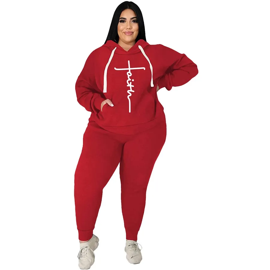 Tracksuits Set Plus Size Women Clothing Fashion Letter Print Pocket Hoodies and Sweatpants