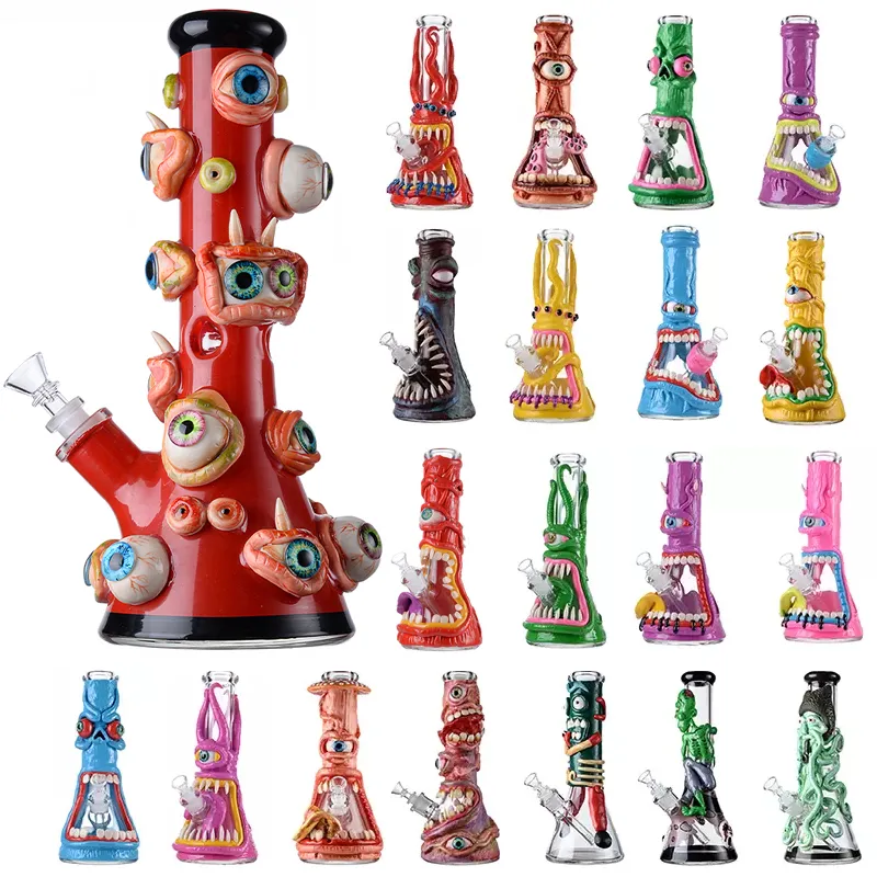 Wholesale Big Unique Bongs Halloween Style Hookahs Glass Beaker Bong Eyes Teeth Octopus Colorful Oil Dab Rigs 7mm Straight Perc Thick Water Pipes 18mm Joint With Bowl