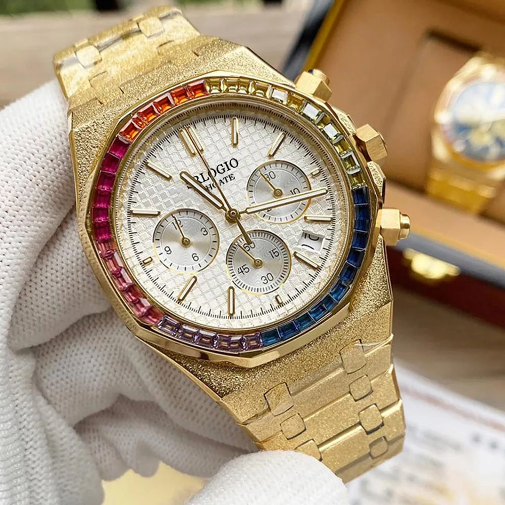 Orologio da uomo con diamanti colorati, movimento al quarzo, orologio da polso da lavoro da 41 mm, cinturino speciale in acciaio inossidabile Montre de Luxe