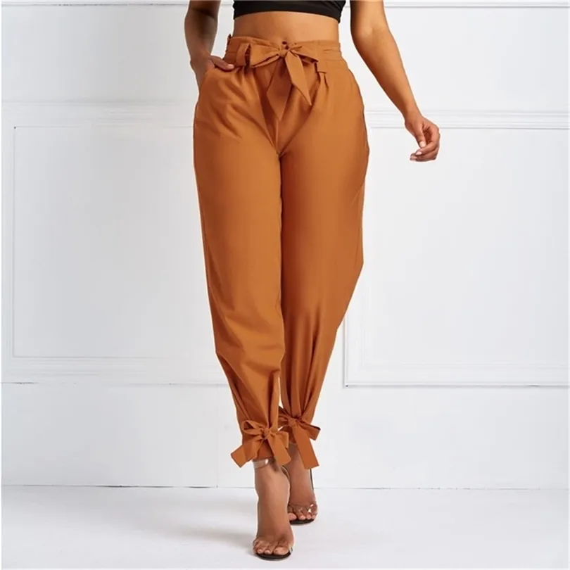 Kvinnor Summer Harem Pants With Midje Belt Bowtie Solid Trousers Ladies Casual Fashion Middle Midje Girls Street Clothing 201113