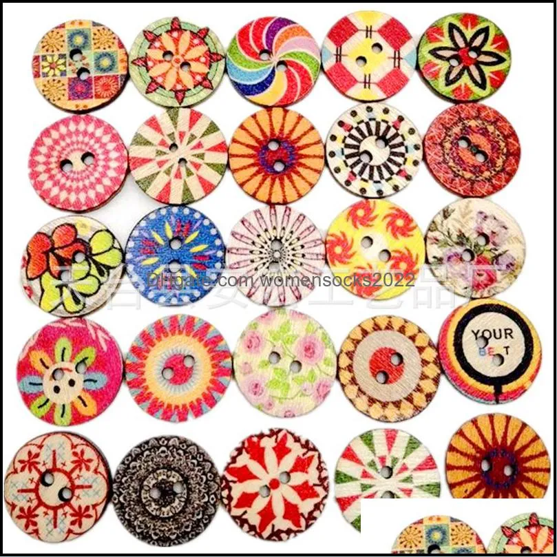 Sewing Notions Mixed Random Flower Painting Round 2 Holes Vintage Wood Buttons for DIY Scrapbooking Crafts Clothing Accessories 20mm