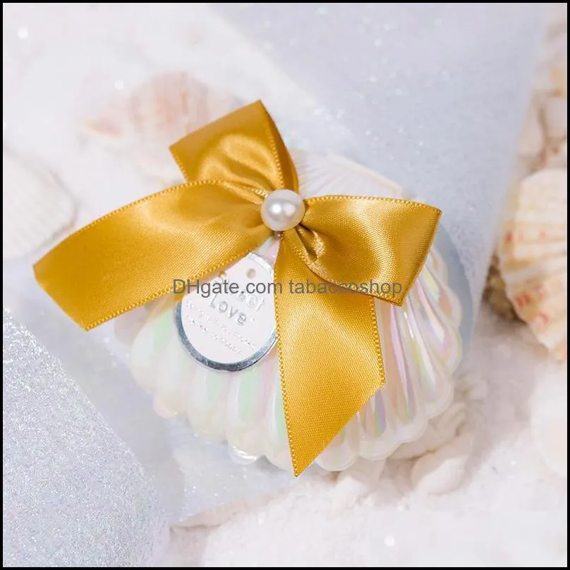 Gift Wrap 10pcs White Pearl Shells Shape Candy Box With Ribbon Bow Wedding Favor Baby Shower Party Chocolate Packaging Boxes
