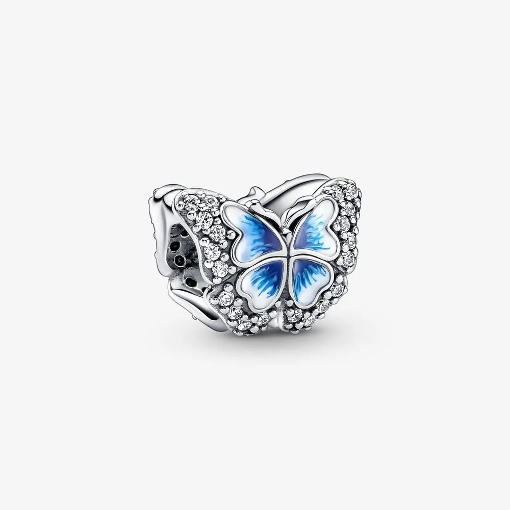 100% 925 Sterling Silver Blue Butterfly Sparkling Charms Fit Original European Charm Armbandsmycken Tillbehör