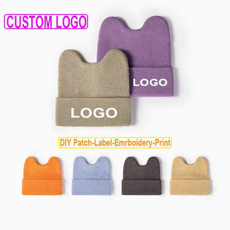 Custom Print Diy Patch Embroidery Cute Rabbit Ears Knitted Hat Female Outdoor Warm Student Beanie Ladies Wool Hat J220722