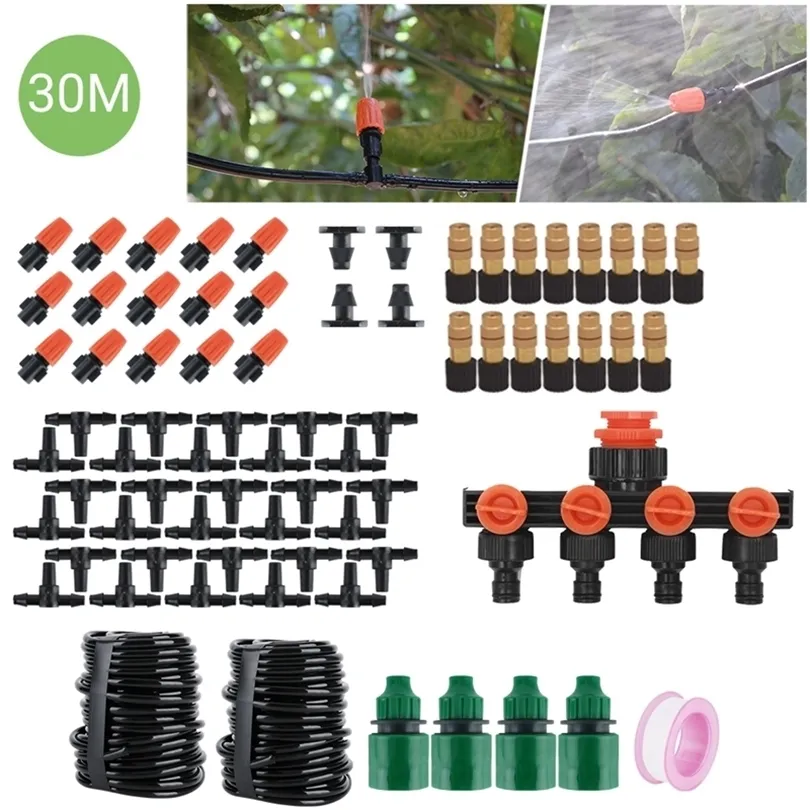 30m Automatisk vattenanordning Spray Kylning Vattenblomma Set 4-vägs Conector Intelligent Irrigation Drip DIY Garden Sprinkler T200530