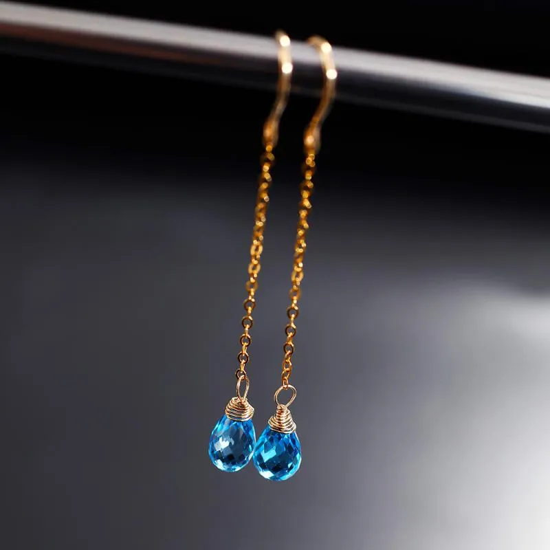 Dangle & Chandelier 14K Gold Injection Blue Topaz Earrings Women Long Gifts Girlfriend EarringsDangle