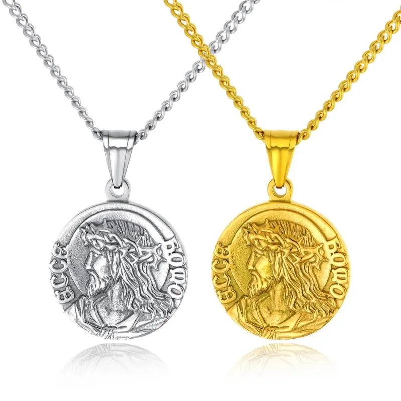 Pendentif Colliers Rétro En Acier Inoxydable Médaille Ronde Collier Pour Hommes Jésus Bijoux Cadeau