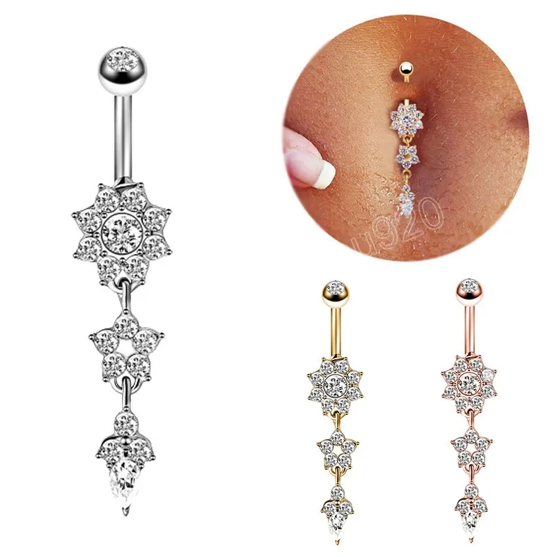 Women Belly Piercing Navel Ring Dangle Fashion Body Accessories Flower Shaped Inlaid Zircon Navel Pierced Buckle Pendant Jewelry