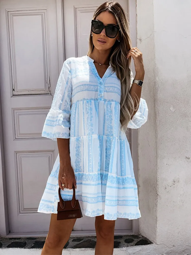 Summer Women's Stripe Print Ruffle Dress Casual V-hals Hög midja Gröna miniklänningar 2022 Spring Fashion Dams Loose Boho Style