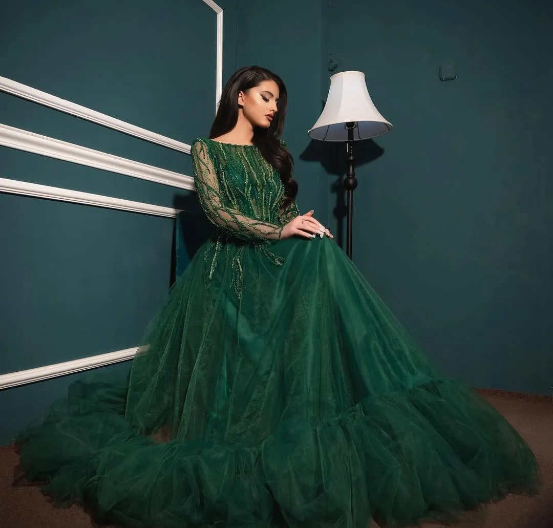 Muslim Hunter Green Illusion Prom Dresses Sequined Long Sleeves Evening Dress Custom Made Puffy Women Formal Party Gown