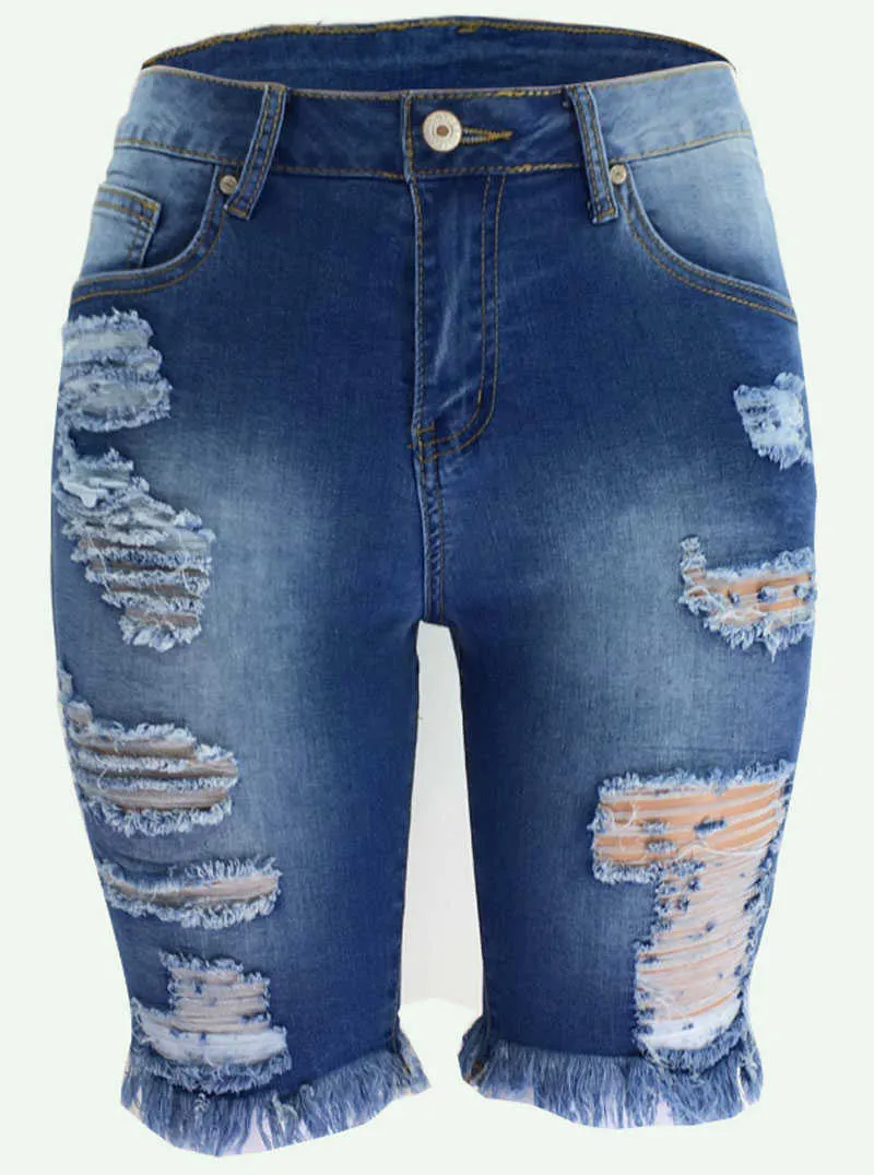 Slim 2020 femmes genou longueur jean déchiré gland genoux trous taille moyenne jean taille moyenne décontracté coupe ajustée femme pantalon