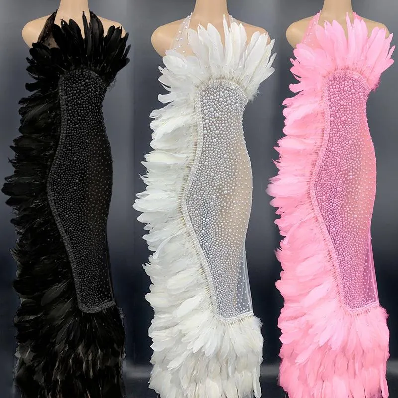 Stage Wear Sparkly Multicolor Pearls Feather Long Dress Sexy Perspectief Vierjurken Women Prom Party Festival Outfit DT2950Stage
