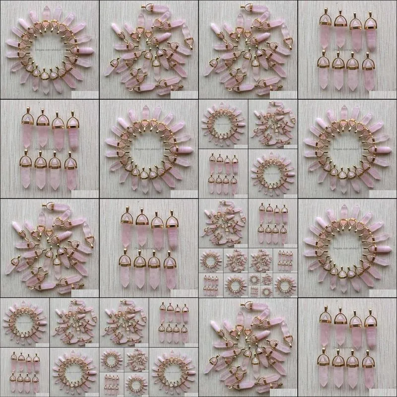assorted natural stone pink quartz golden pendants point charms hexagonal pillar pendant for diy jewelry making gemstones