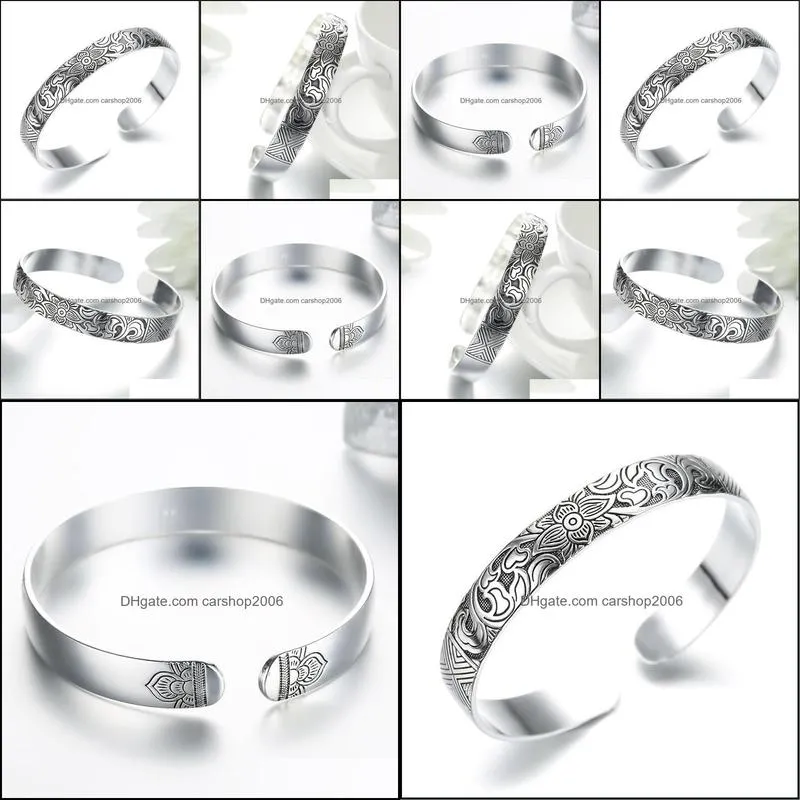 Antique Silver Bangles Lotus Pattern Adjustable Bracelet Fashion Women`s Jewelry Wholesale