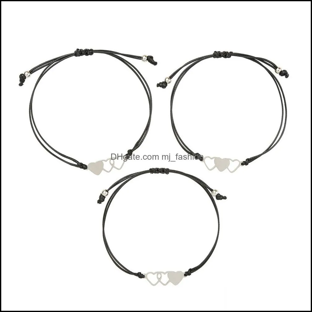 Friendship Couples 3pcs/set Love Heart stainless steel Sisters bracelet Bead Bangles Women Man Lucky Wish Jewelry