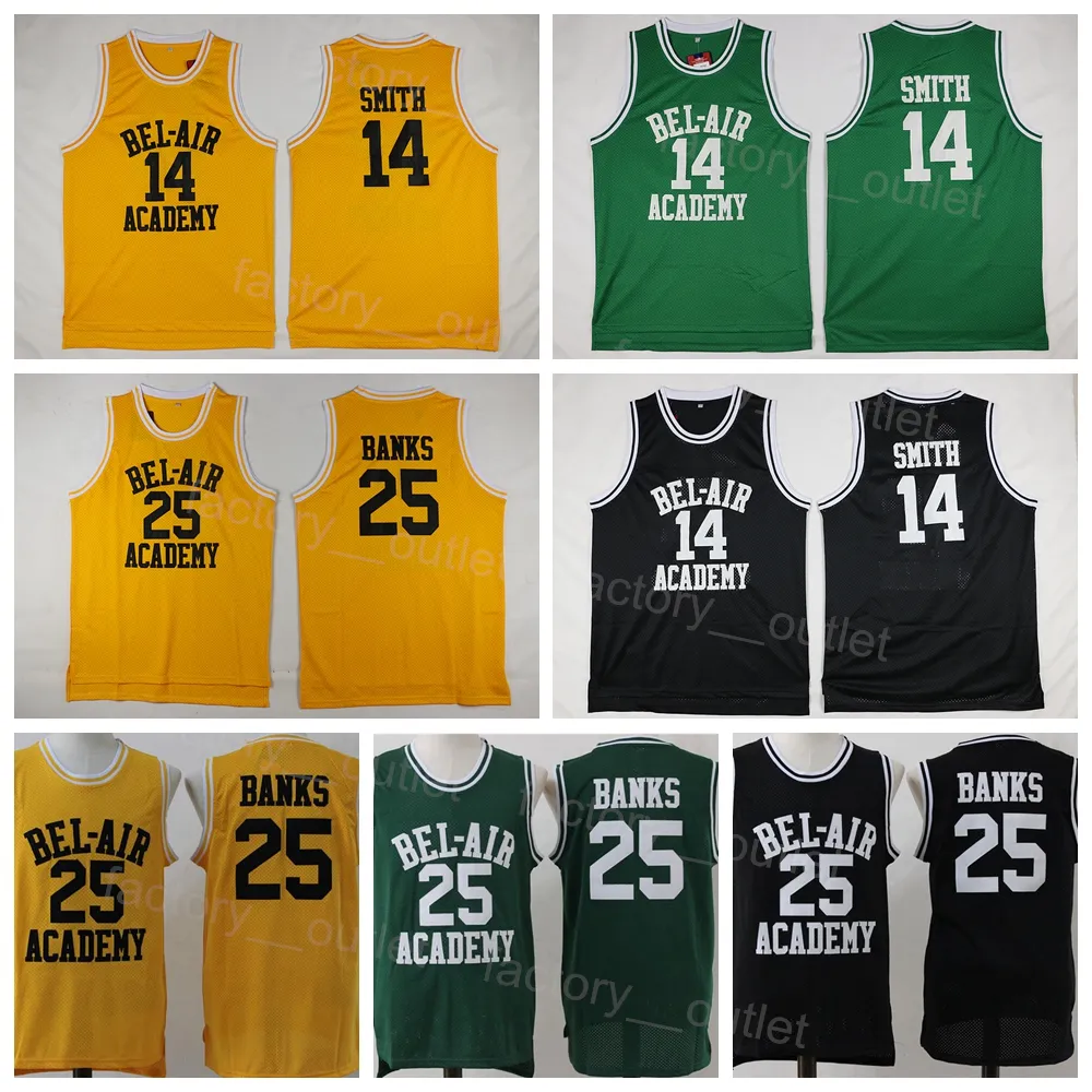 Hommes Films DE The Fresh Prince Basketball 14 Maillot Will Smith 25 Carlton Banks DE BEL-AIR EL AIR Academy Chemise Jaune Noir Vert TV Sitcom Vêtements Cousus Couleur de l'équipe