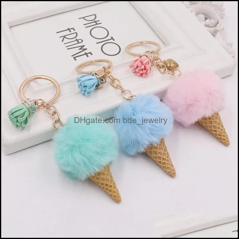 Key Rings Ice Cream Keychain Cute Bag Cartoon Imitation Rex Rabbit Fur Plush Pendant Cone Car Hair Ball Accessories Keycha Bdejewelry Dhh2A