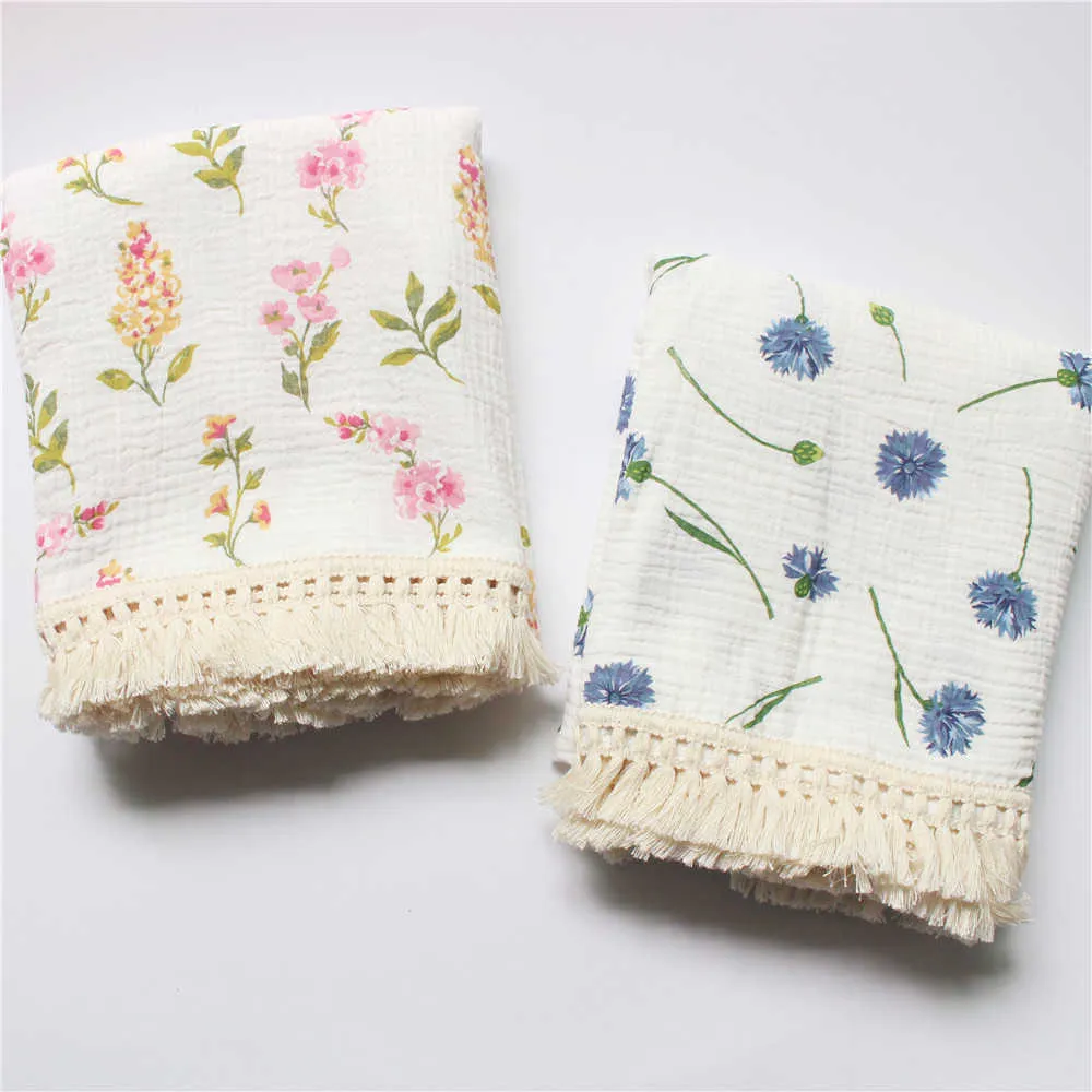 Mousseline Swaddle Kwastsel Floral Deken Baby Katoen Zomer Badhanddoeken Peuterwikkels Kinderdagverblijf Beddengoed Zuigeling Swadding Roaden Quilt