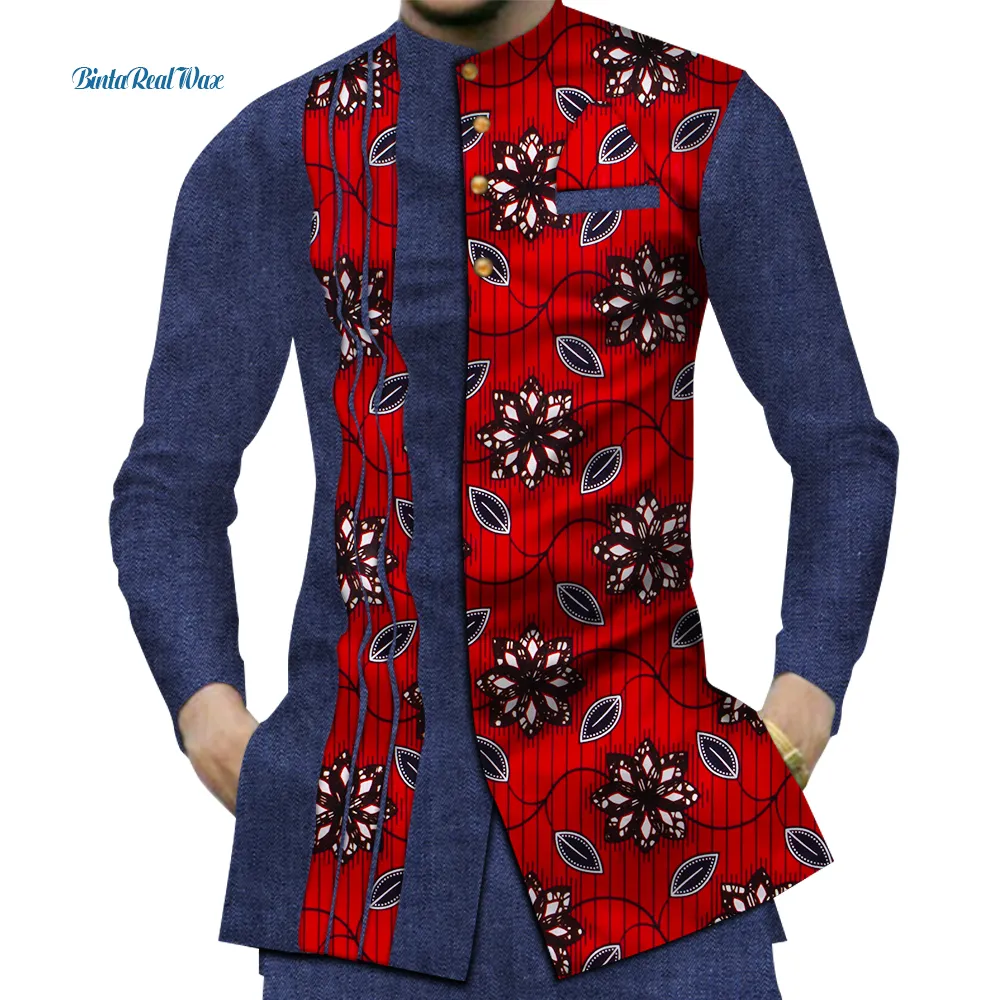 Bintarealwax Męska koszula z długim rękawem marka afrykańska odzież Dashiki Men Drukuj bawełniane koszulki Slim Fit African Wax Mens Tops 6xl Wyn380