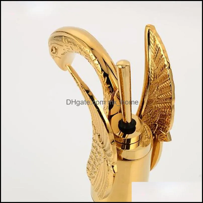 Elegant Swan Shape Brass Gold Finish Bathroom Mixer Taps Deck Mount Basin Vessel Faucet