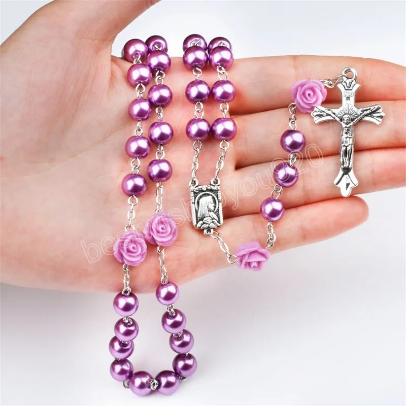 Religion Jesus Necklace Jewelry Classic Pink Imitation Pearl Rose Flower Rosary Necklaces Long Cross Pendant Fashion Sweater Chain for Women