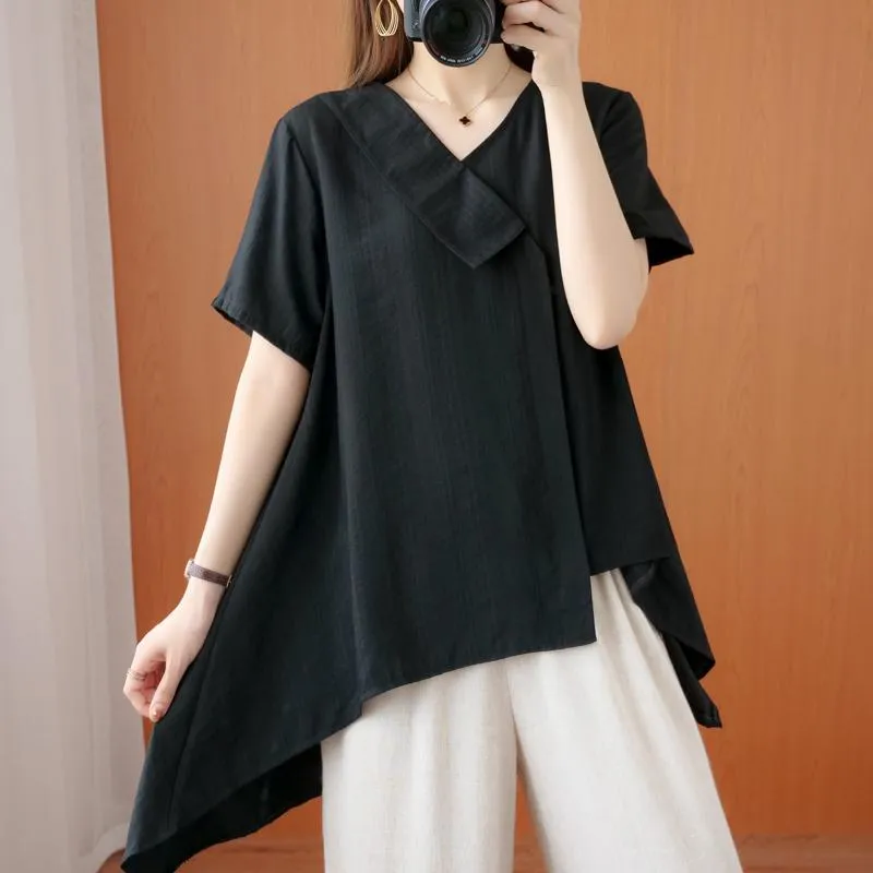 Women's T-Shirt Women's Summer Clothes Korean Version Loose Front Short Back Long Irregular Top Fashion V-neck Sleeve WomenWomen's