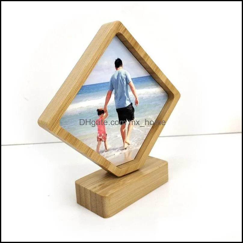 Bamboos Sublimation Blank Photo Frame With Base DIY Double Sided Wood Love Heart Round Frames Magnetism Picture Painting Decoration 13bd