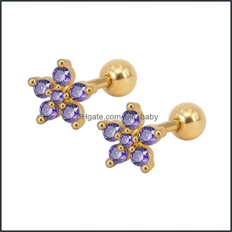 zircon flower ear studs fashionable 316l stainless steel cz earrings body jewellery for women teen girls