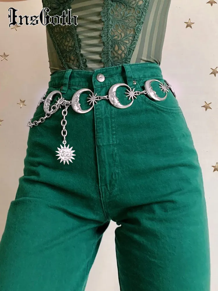 Insgoth Harajuku Punk Moon Metal Belts Kvinnor Vintage Hög midjekedja Gotisk Sun Sliver Pendant Kvinna 220624
