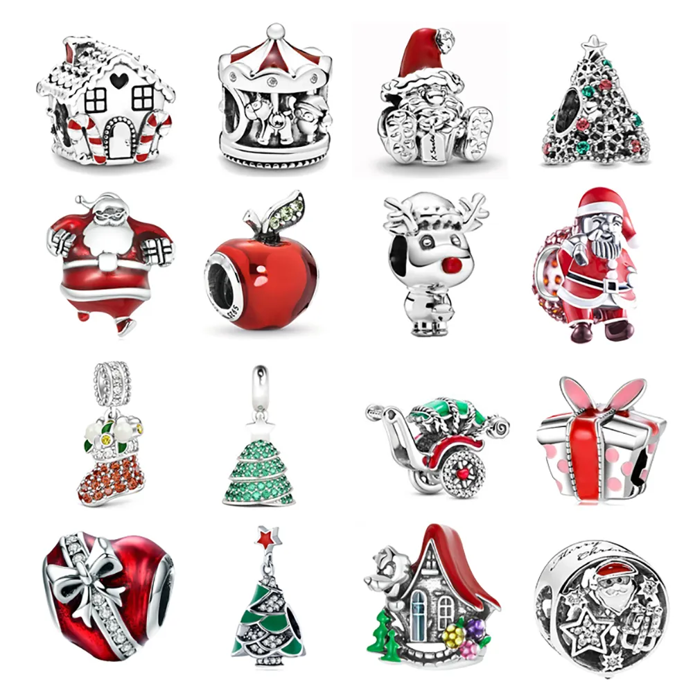 925 Sterling Silver Ciondola Charm Glitter Albero di Natale Renna Pupazzo di neve Sweet Home Perline Bead Fit Pandora Charms Bracciale Accessori gioielli fai da te