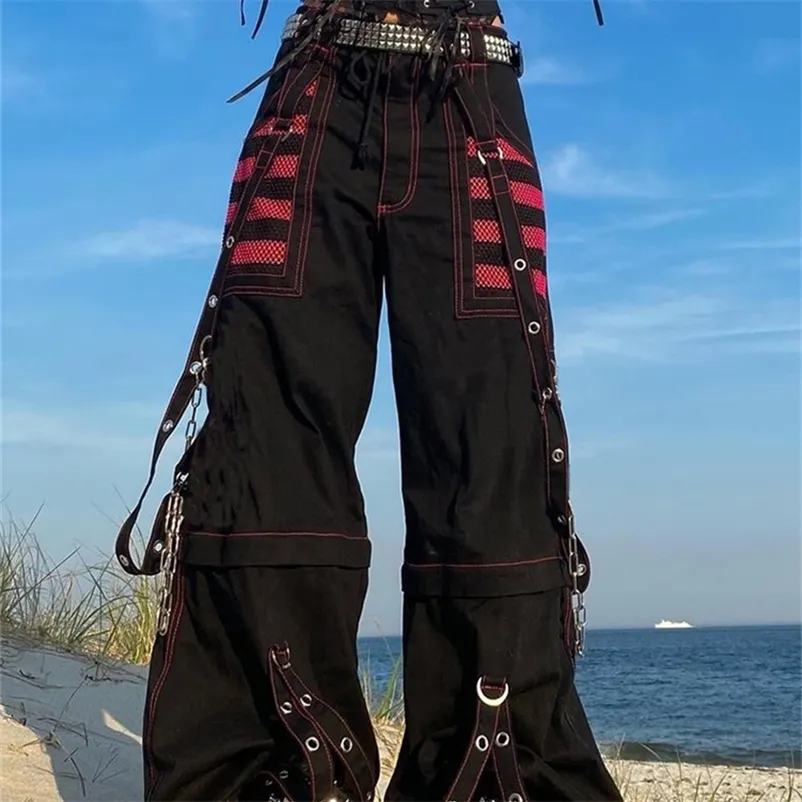 Suchcute gótico corrente bandagem larga perna calças mulheres oversize baixo aumento escuro calças acadêmicas streetwear 90s baggy pant estilo punk 220815