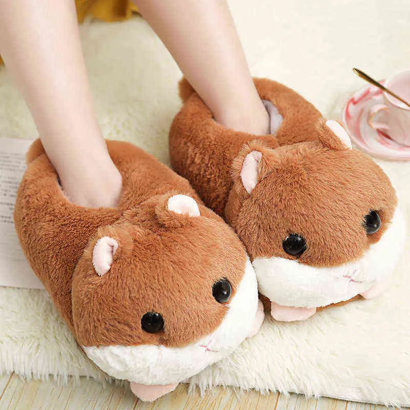 Winter Cartoon Hamster Plush Cotton Shoes Thicked Can Be Animal Big Head inomhus Hem varm plysch Hälares tofflor J220716