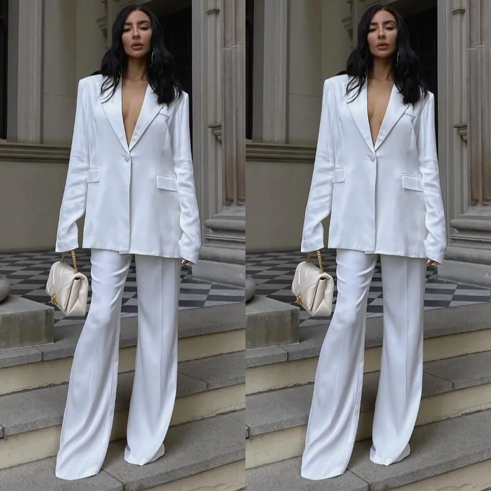 White Leisure Women Pants Suits For Wedding 2022 Women Sexy Loose Long Sleeve Evening Red Carpet Fashion Wear 2 Pieces