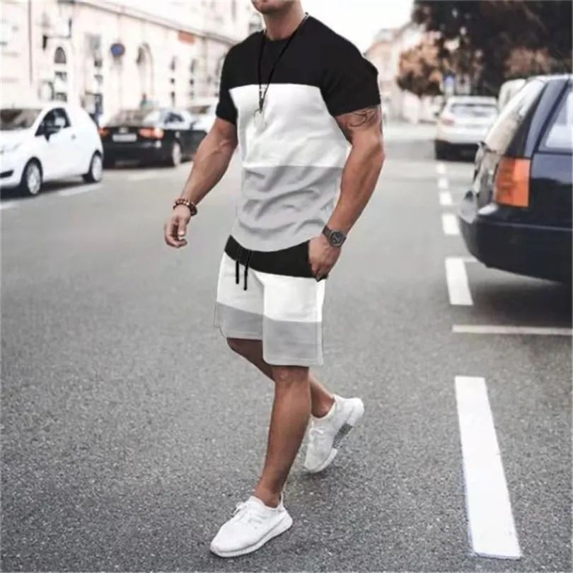 Sommar Herrset Kortärmad T-shirt Kostymtryck Färgmatchande träningsoverall Casual Oversized toppar och shorts Andas Sportkläder 220621