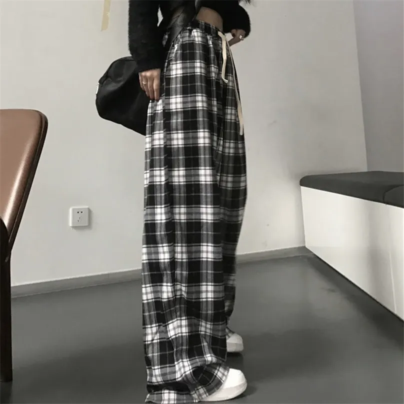 hiç harajuku siyah ve beyaz ekose pantolon yaz rahat geniş bacak pantolon genç hip hop unisex gevşek düz pantolon 220719